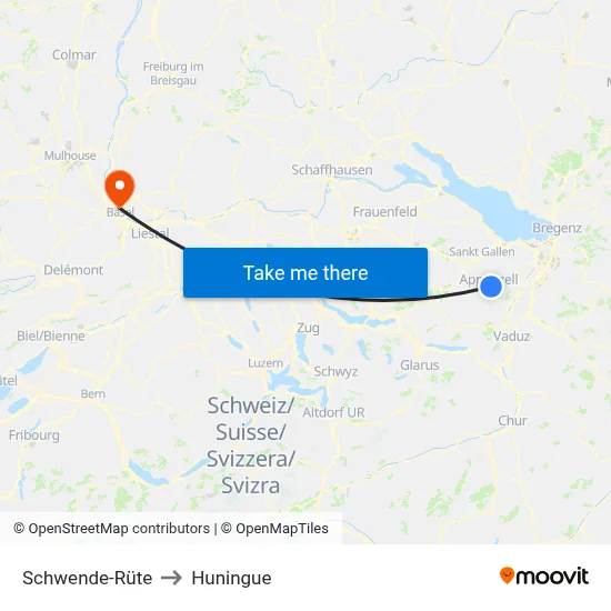 Schwende-Rüte to Huningue map