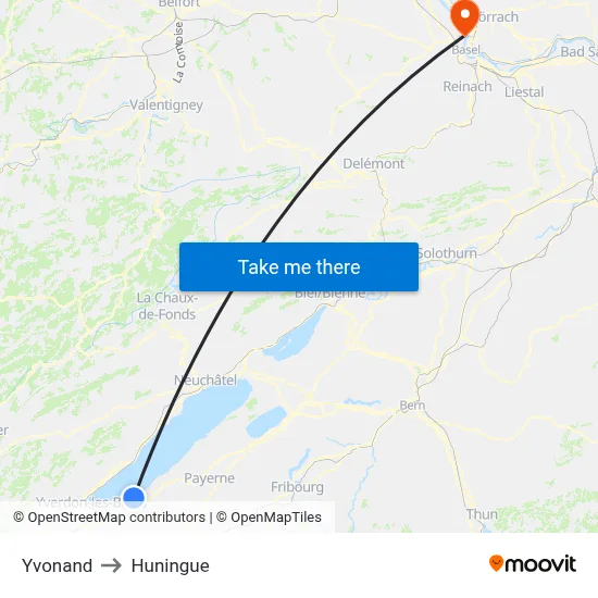 Yvonand to Huningue map