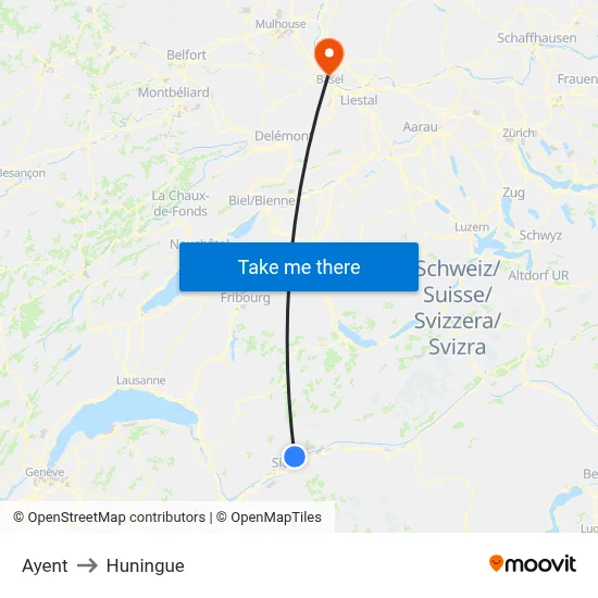 Ayent to Huningue map