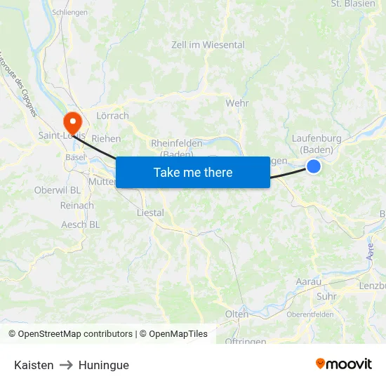 Kaisten to Huningue map