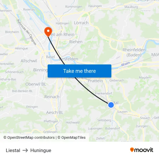 Liestal to Huningue map