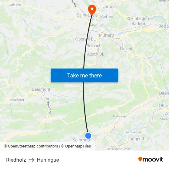 Riedholz to Huningue map