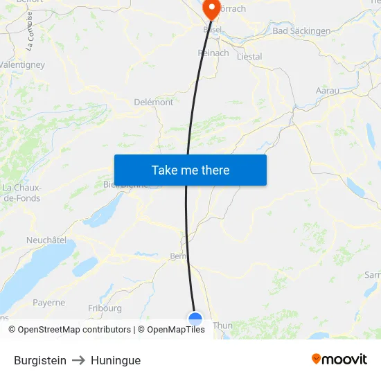 Burgistein to Huningue map