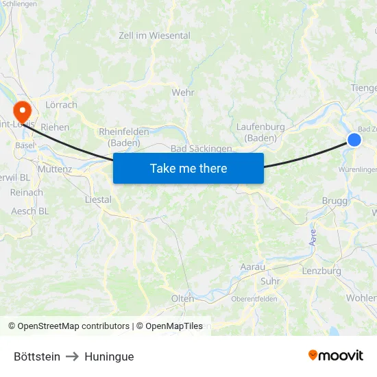Böttstein to Huningue map