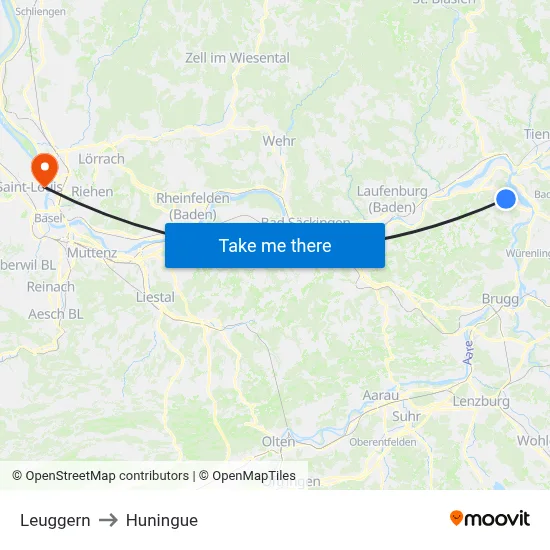 Leuggern to Huningue map