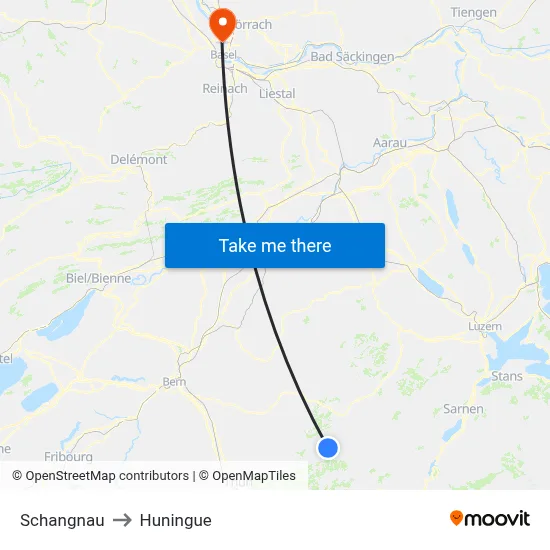 Schangnau to Huningue map