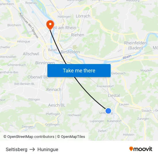 Seltisberg to Huningue map
