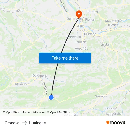 Grandval to Huningue map