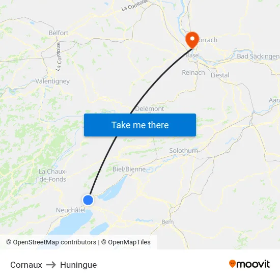 Cornaux to Huningue map