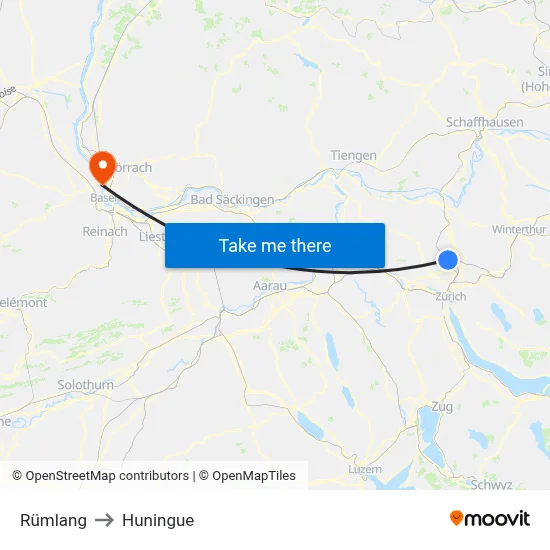 Rümlang to Huningue map