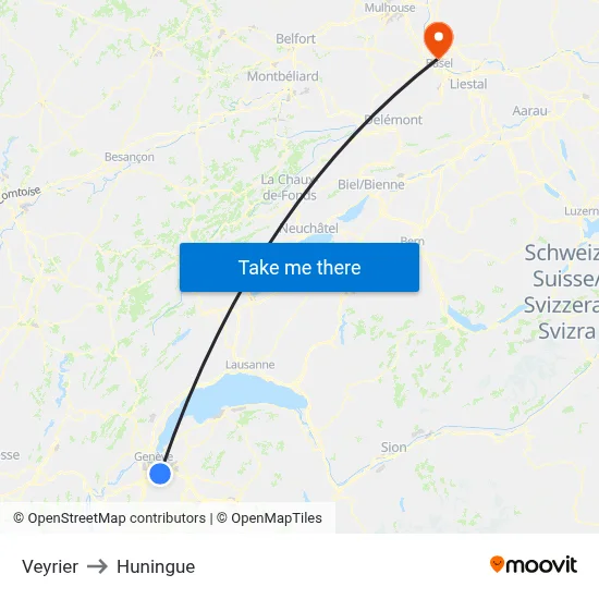 Veyrier to Huningue map