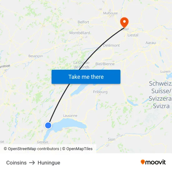Coinsins to Huningue map