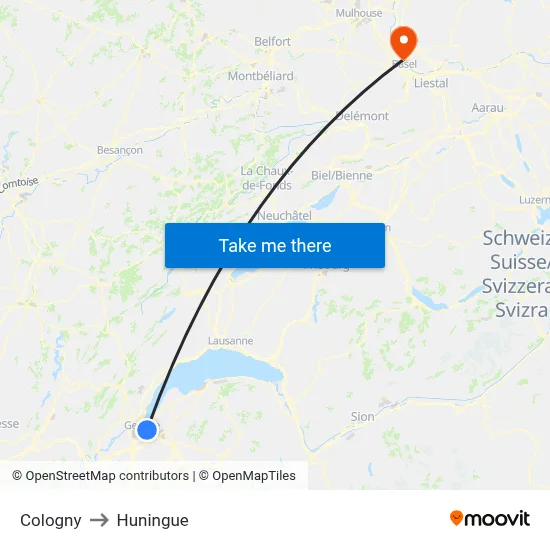 Cologny to Huningue map