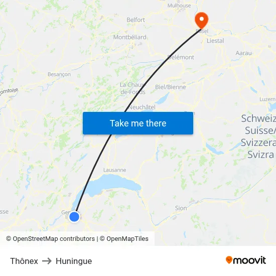 Thônex to Huningue map