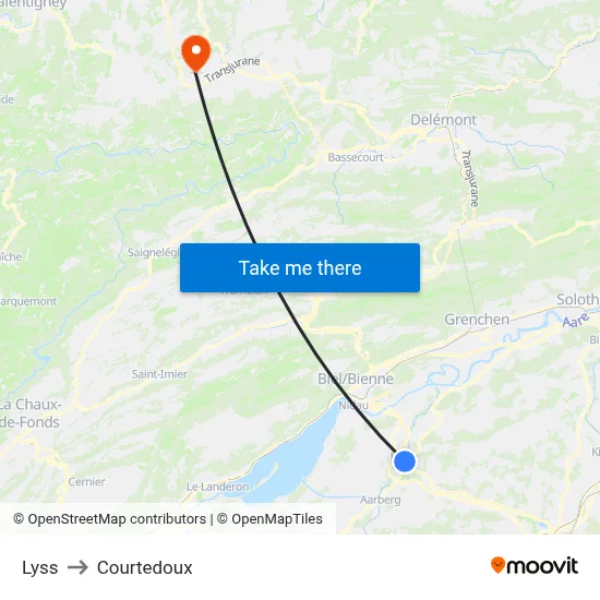 Lyss to Courtedoux map