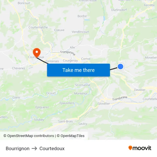 Bourrignon to Courtedoux map