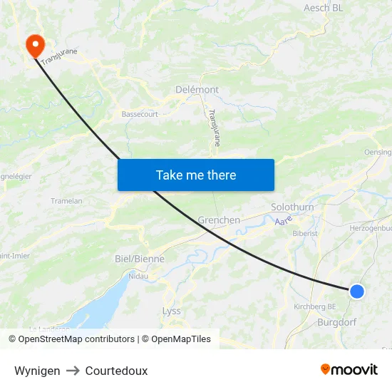 Wynigen to Courtedoux map