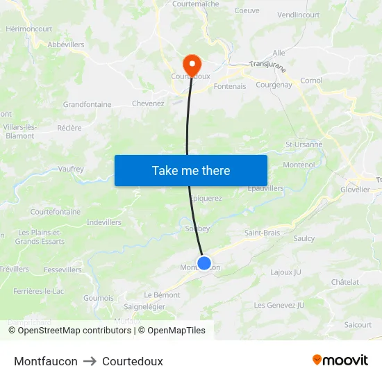 Montfaucon to Courtedoux map
