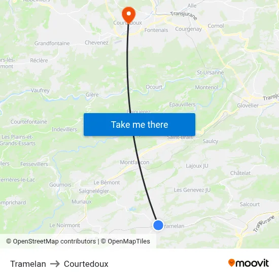 Tramelan to Courtedoux map