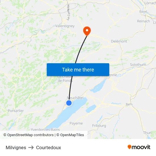 Milvignes to Courtedoux map