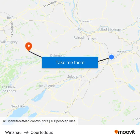 Winznau to Courtedoux map