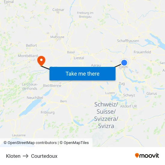 Kloten to Courtedoux map