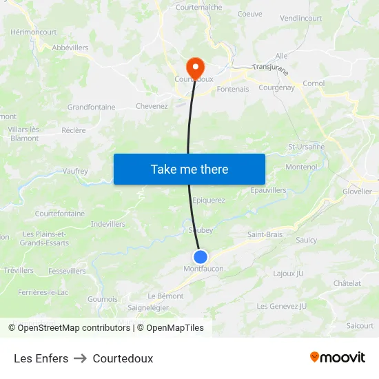 Les Enfers to Courtedoux map