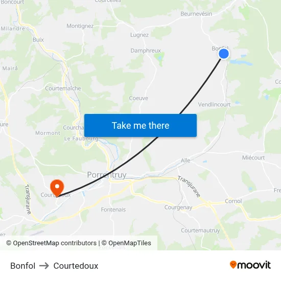 Bonfol to Courtedoux map