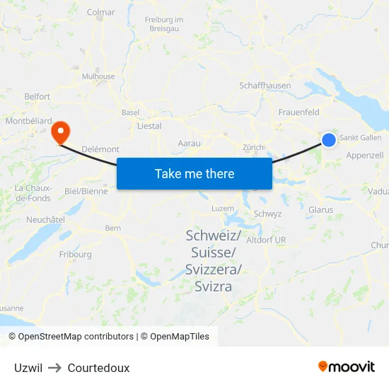 Uzwil to Courtedoux map