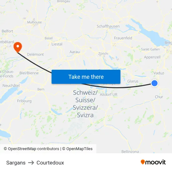 Sargans to Courtedoux map
