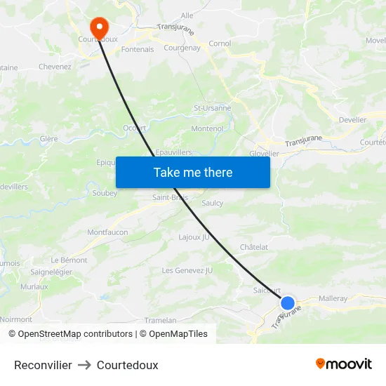 Reconvilier to Courtedoux map