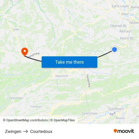 Zwingen to Courtedoux map