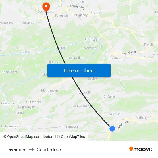 Tavannes to Courtedoux map