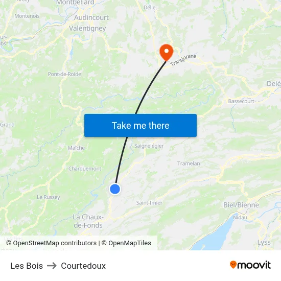 Les Bois to Courtedoux map
