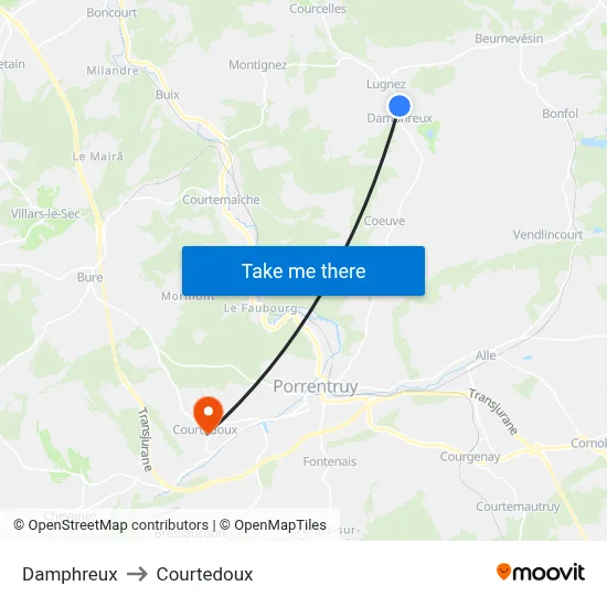 Damphreux to Courtedoux map