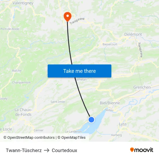 Twann-Tüscherz to Courtedoux map