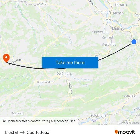 Liestal to Courtedoux map