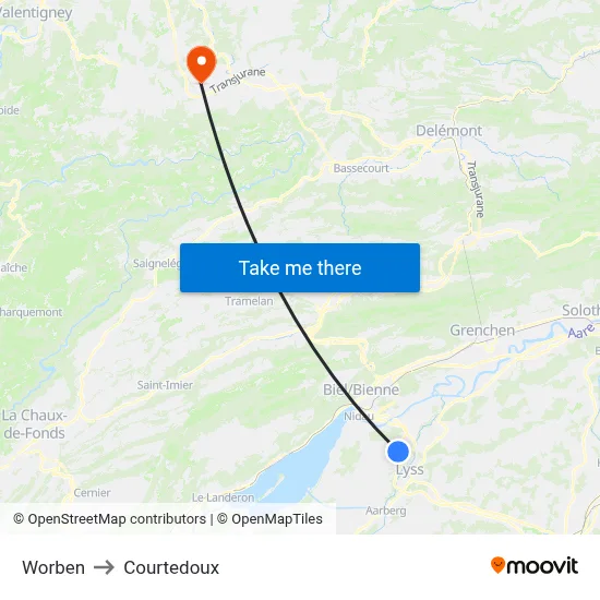 Worben to Courtedoux map