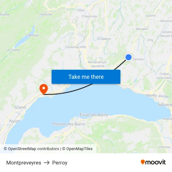 Montpreveyres to Perroy map