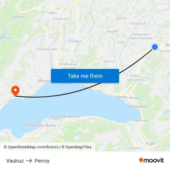 Vaulruz to Perroy map