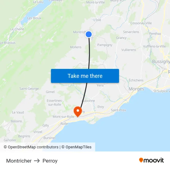 Montricher to Perroy map