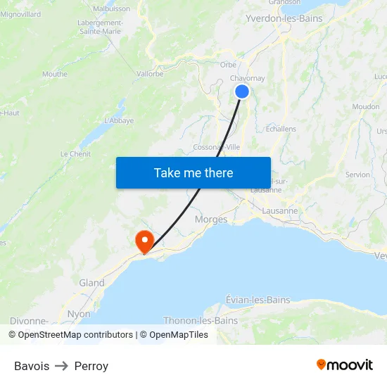 Bavois to Perroy map