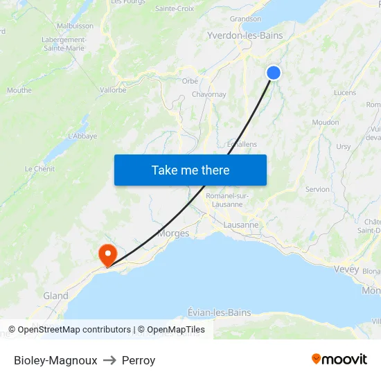 Bioley-Magnoux to Perroy map