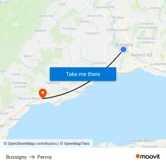 Bussigny to Perroy map