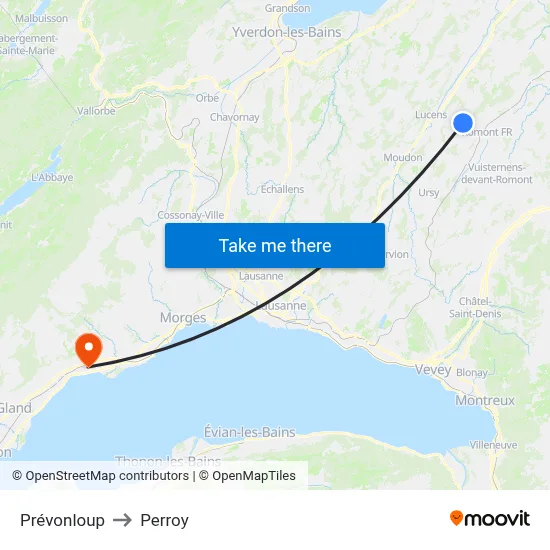 Prévonloup to Perroy map