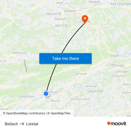 Bellach to Liestal map