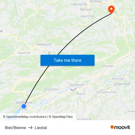 Biel/Bienne to Liestal map