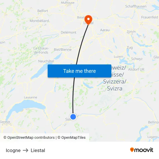 Icogne to Liestal map