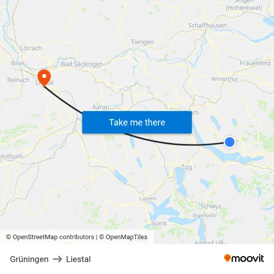 Grüningen to Liestal map