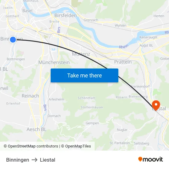 Binningen to Liestal map